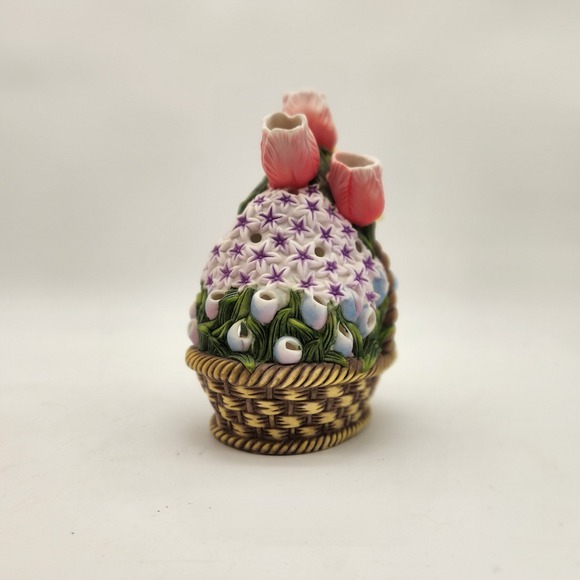 Vintage PartyLite Floral Garden Basket Ceramic Candle Holder Tulips Daffodils - Picture 6 of 10